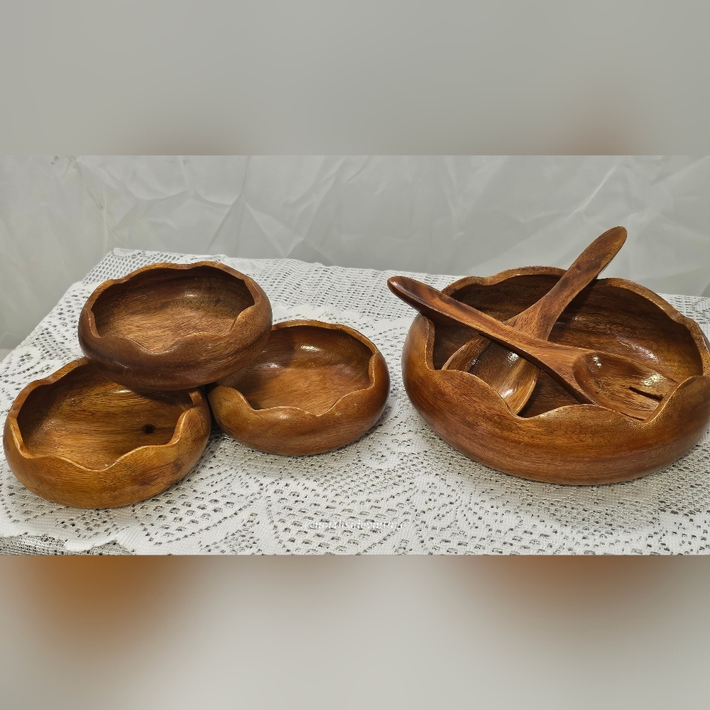 Vintage Wood Salad Bowl Set 1980s